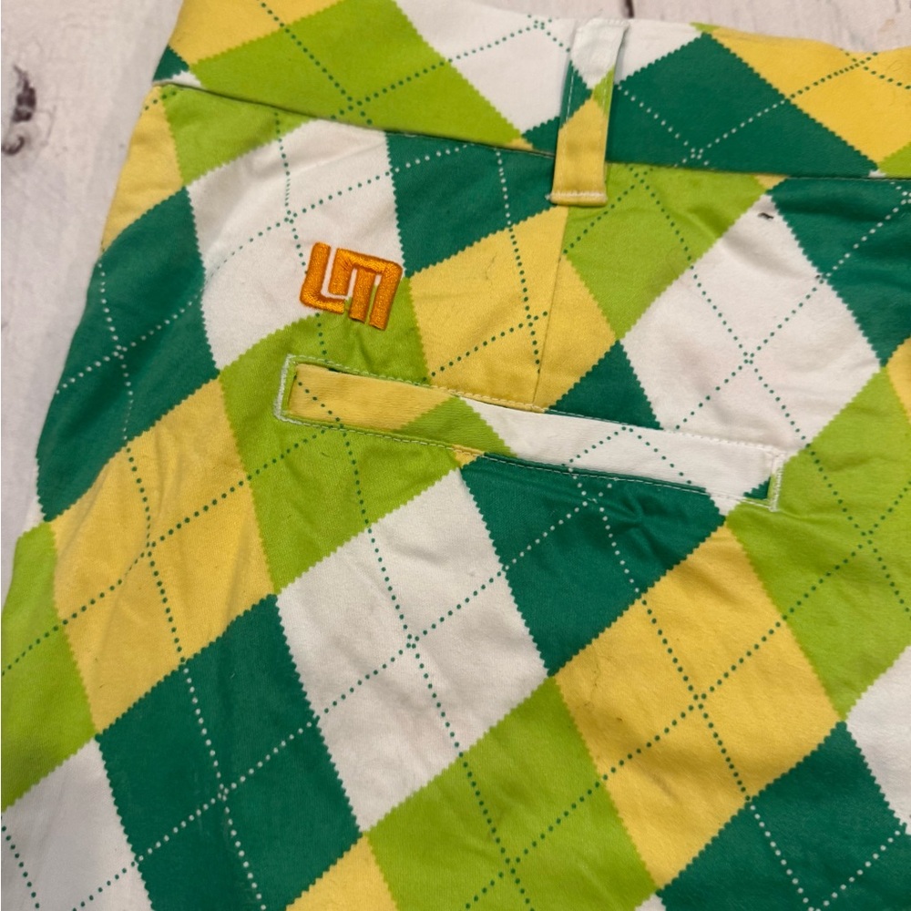 Loudmouth Golf Shorts Mens Sz 40 Green Yellow Argyle Print Cotton Stretch as is - Picture 2 of 7